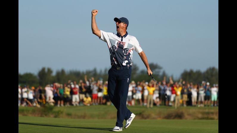 Justin Rose of Great Britain celebrates after <a href="index.php?page=&url=http%3A%2F%2Fcnn.com%2F2016%2F08%2F14%2Fsport%2Fjustin-rose-olympic-golf%2Findex.html" target="_blank">winning in the final round of men's golf.</a>