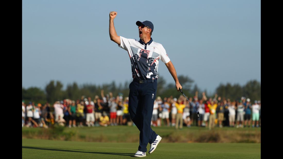 Justin Rose of Great Britain celebrates after <a href="http://cnn.com/2016/08/14/sport/justin-rose-olympic-golf/index.html" target="_blank">winning in the final round of men's golf.</a>