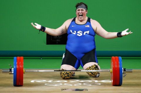 Sarah Elizabeth Robles of the US reacts after winning bronze in the women's +75kg weightlifting.