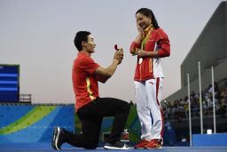 China's He Zi was caught off guard by her boyfriend's dramatic proposal Sunday.