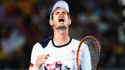 RIO DE JANEIRO, BRAZIL - AUGUST 14:  Andy Murray of Great Britain reacts during the men's singles gold medal match against Juan Martin Del Potro of Argentina on Day 9 of the Rio 2016 Olympic Games at the Olympic Tennis Centre on August 14, 2016 in Rio de Janeiro, Brazil.  (Photo by Clive Brunskill/Getty Images)