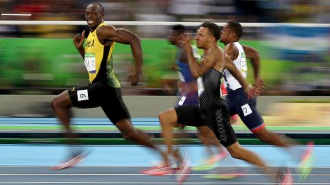 Usain Bolt of Jamaica leaves the rest of the field behind in a 100-meter heat at the Rio Olympics.