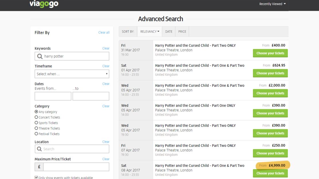 Harry Potter theatre tickets are being resold on Viagogo. 