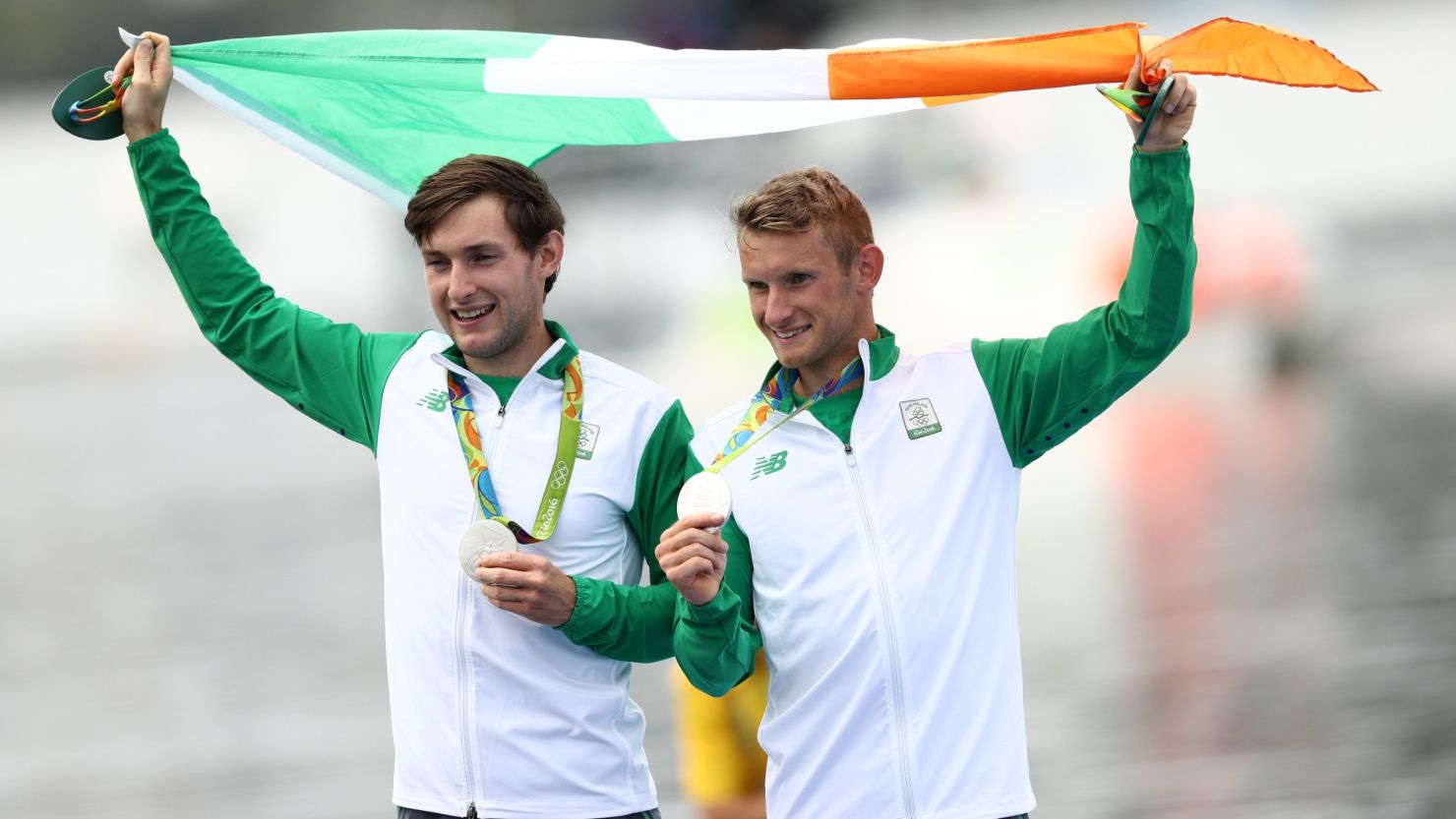 Silver medalists Paul (left) and Gary O'Donovan of Ireland celebrate after getting their medals Friday in Rio.