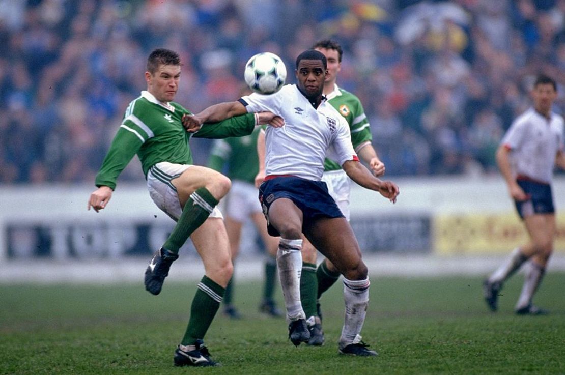 Atkinson contests the ball during an appearance for the England B team in 1990.