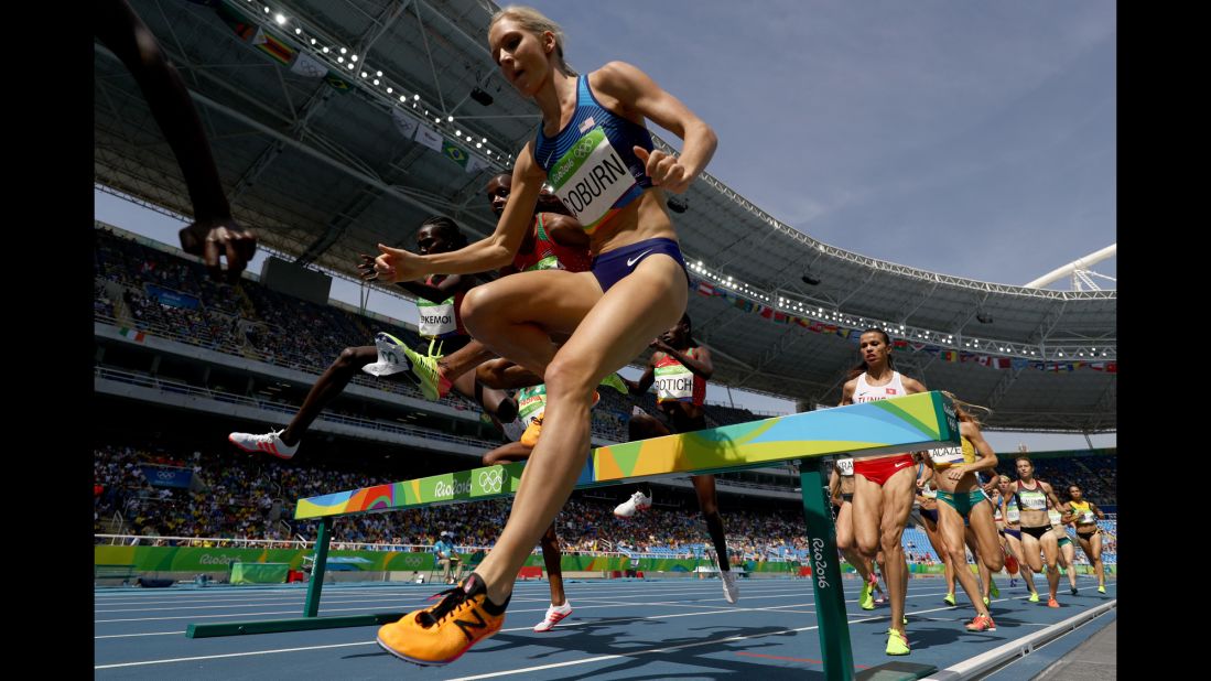 U.S. athlete Emma Coburn competes in the 3,000-meter steeplechase final. She won the bronze.