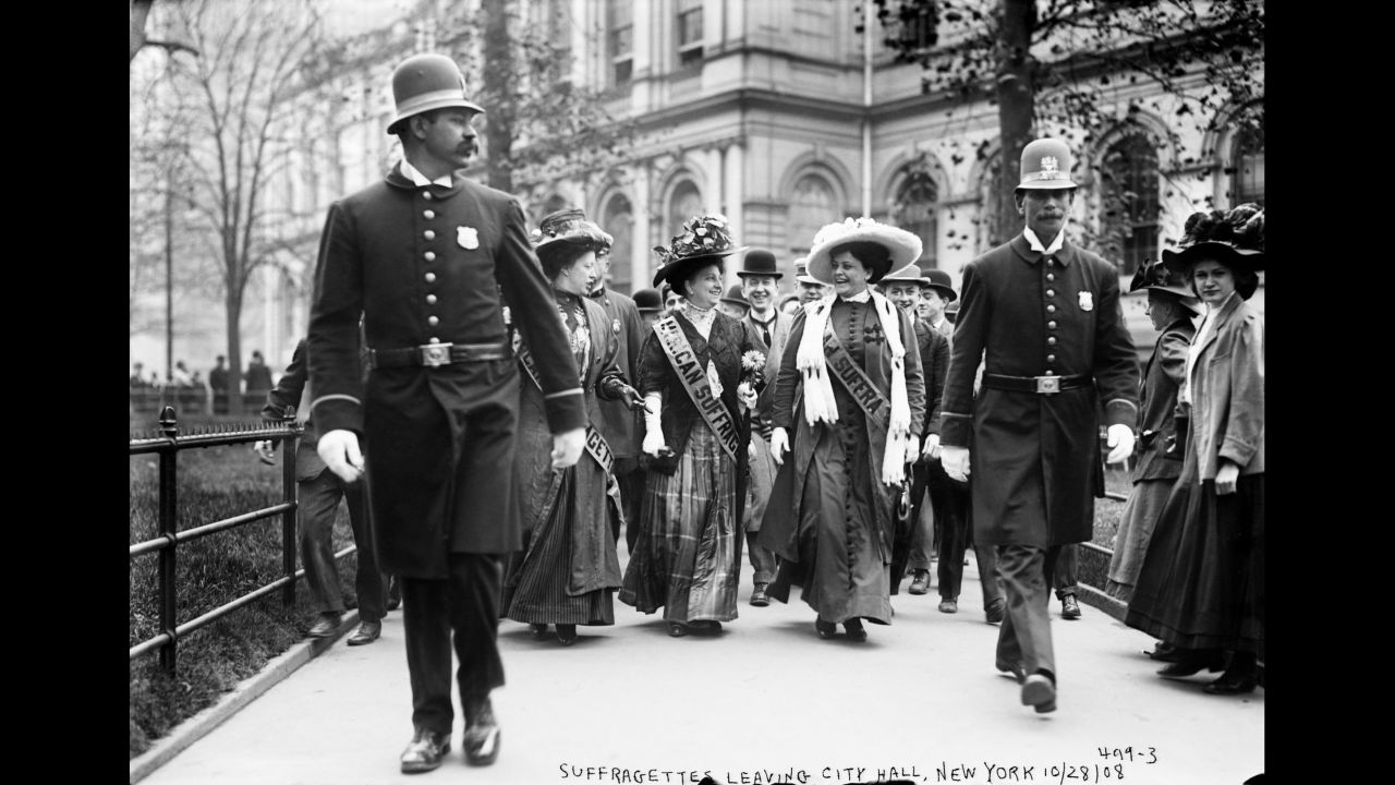 Suffragists are escorted out of New York's City Hall by police in 1908. By this time, a few U.S. states were allowing women to vote. Around the world, women had recently won the right to vote in New Zealand, Australia and Finland.