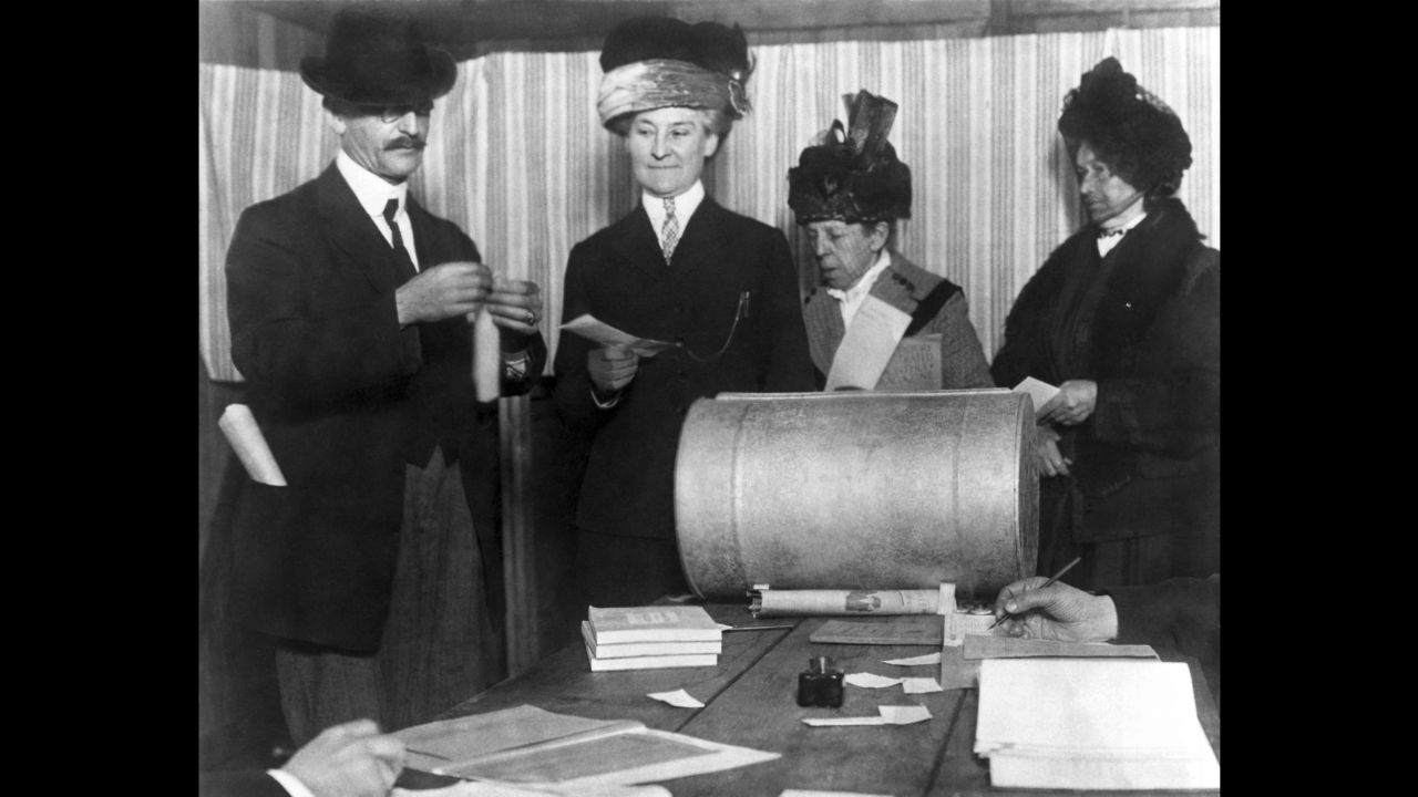 Women make history by voting in San Francisco, shortly after the 19th Amendment was adopted in 1920. Resistance to women's suffrage -- both in the United States and in other countries -- began to fade after World War I. By 1918, both U.S. political parties were pushing for women's suffrage.