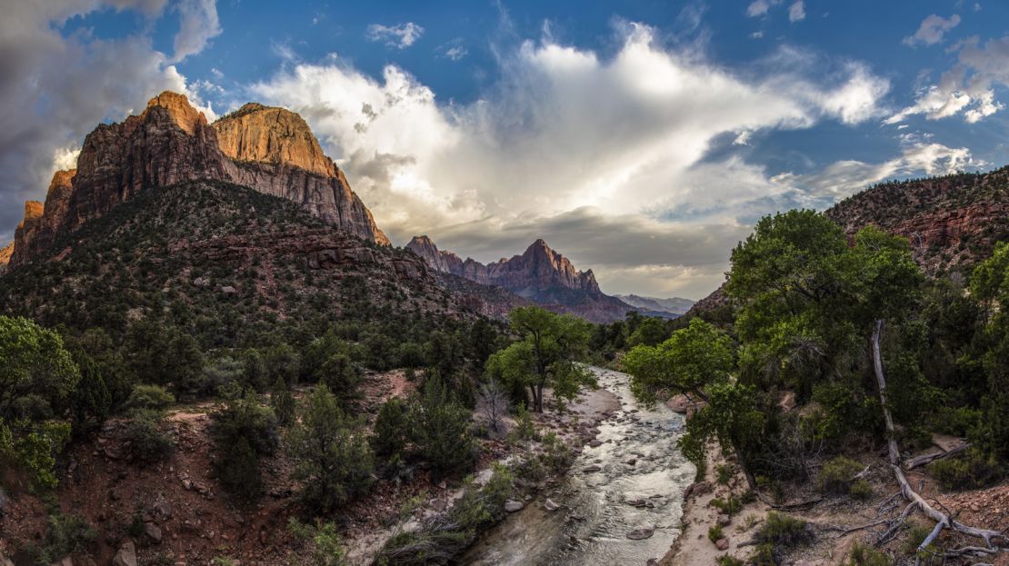 Zion National Park, with the Virgin River in the foreground.