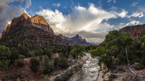 Zion National Park, with the Virgin River in the foreground.
