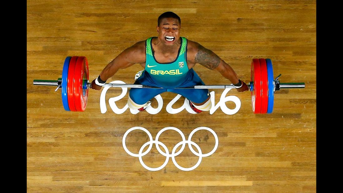 Brazilian weightlifter Mateus Gregorio competes in the 105-kilogram (231-pound) category.