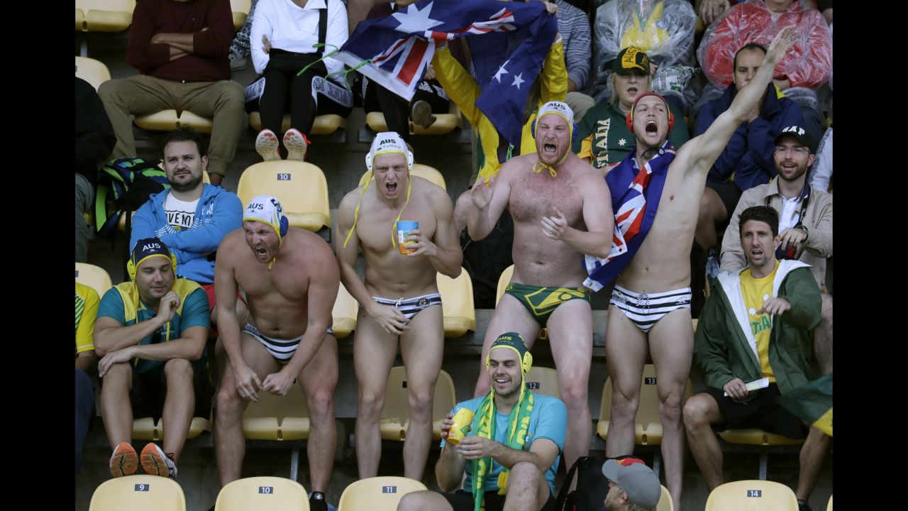 Australia fans show support for their team during a water polo match against Japan on Wednesday, August 10.