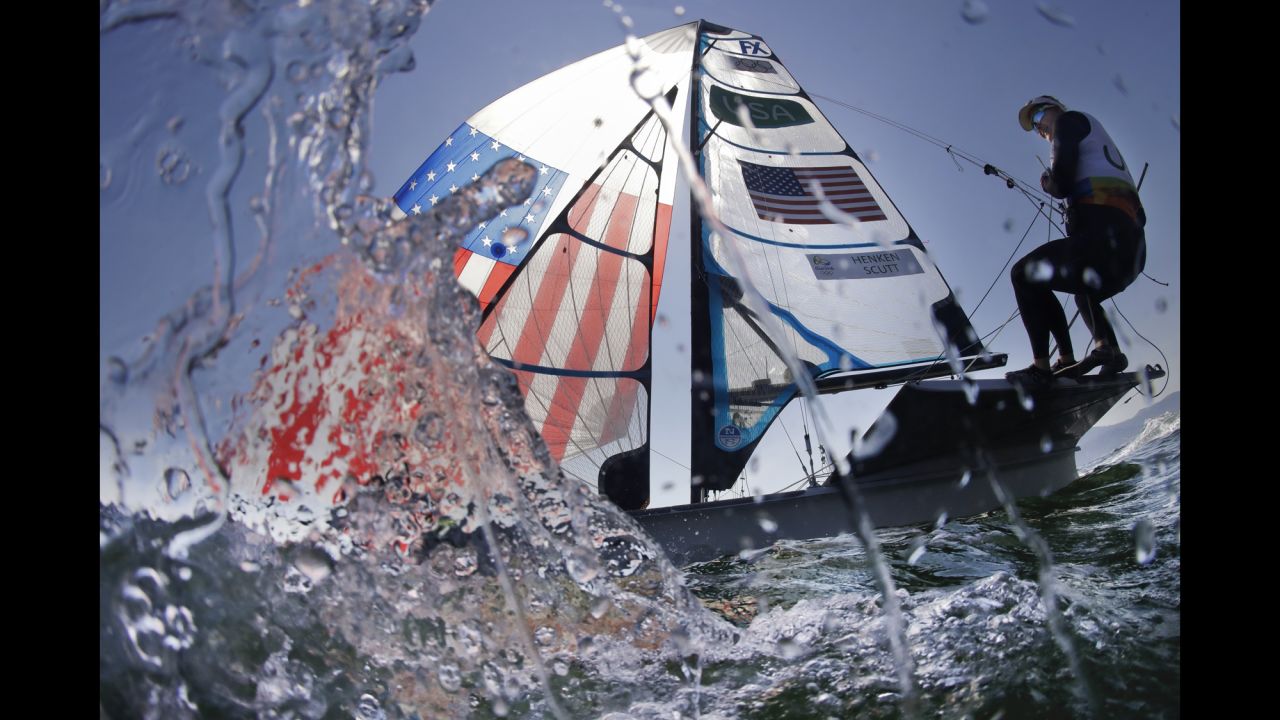 American Helena Scutt sails before the start of a 49er FX race on Monday, August 15.