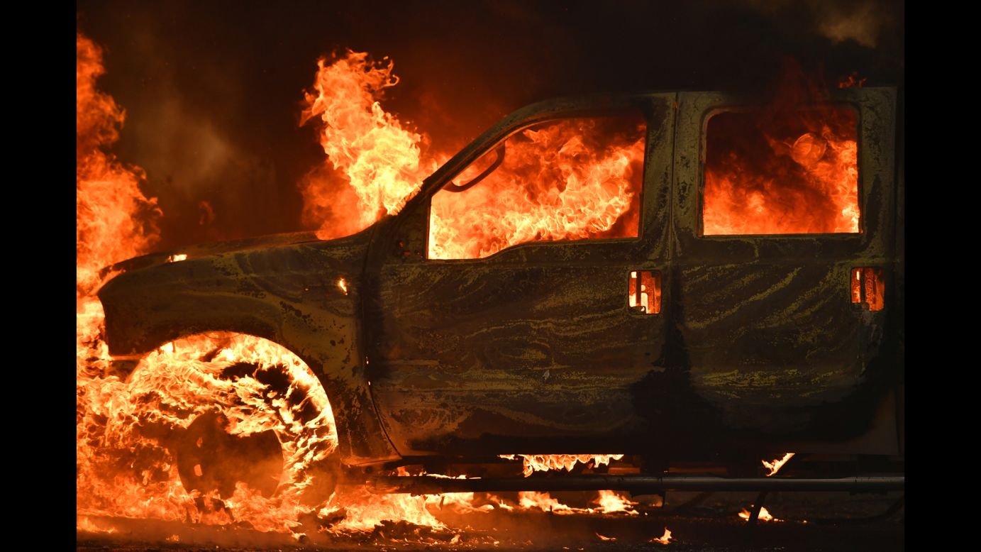 Dramatic scenes are emerging from a wildfire that began Saturday in Lake County, California, affecting the towns of Clearlake and Lower Lake, where this picture of a burning truck was taken.