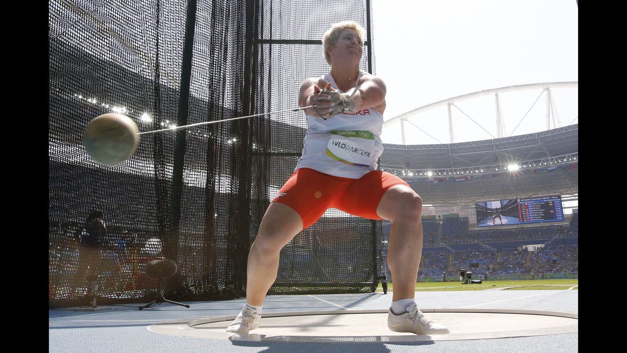 Poland's Anita Wlodarczyk competes in the hammer throw final, where she broke her own world record on her way to winning gold. Her record throw was 82.29 meters (269 feet, 11 inches). 