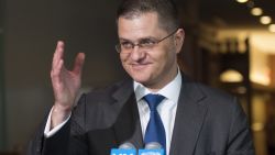 Vuk Jeremic, President of the 67th session of the United Nations General Assembly, and former Foreign Minister of the Republic of Serbia, speaks with reporters after being interviewed as a candidates for the position of UN Secretary-General April 14, 2016 at the United Nations in New York. / AFP / DON EMMERT        (Photo credit should read DON EMMERT/AFP/Getty Images)
