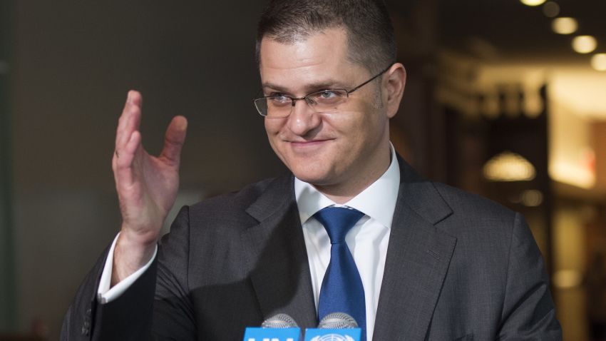 Vuk Jeremic, President of the 67th session of the United Nations General Assembly, and former Foreign Minister of the Republic of Serbia, speaks with reporters after being interviewed as a candidates for the position of UN Secretary-General April 14, 2016 at the United Nations in New York. / AFP / DON EMMERT        (Photo credit should read DON EMMERT/AFP/Getty Images)