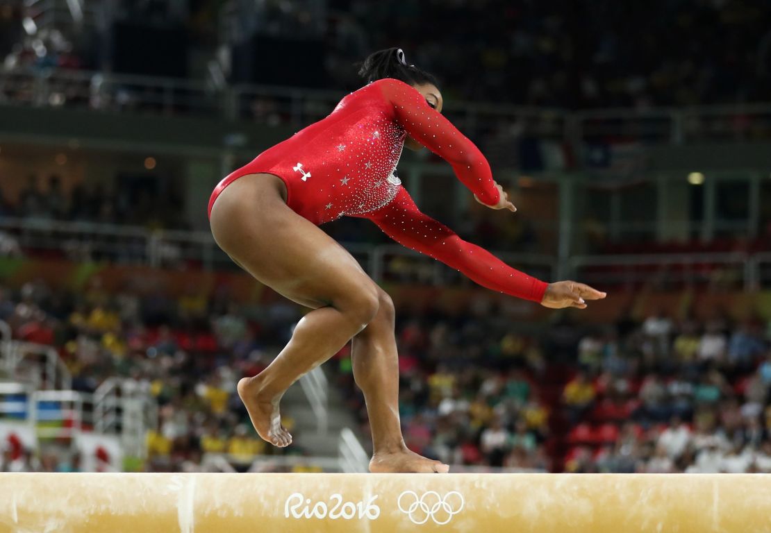 Biles slips while competing in the Balance Beam Final on day 10 of the Rio 2016 Olympic Games.