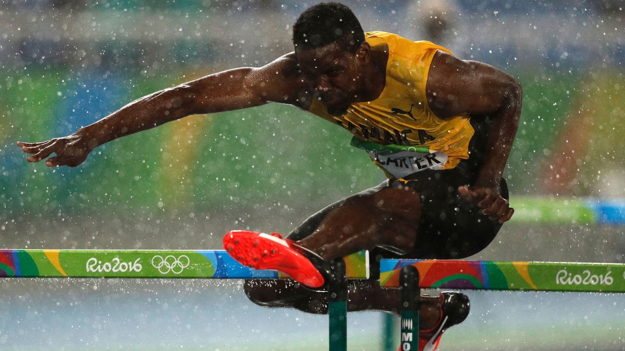 Jamaica's Deuce Carter competes in the 110-meter hurdles.