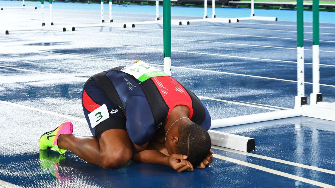 France's Wilhem Belocian falls to the ground after a false start in the Men's 110m Hurdles Round 1.