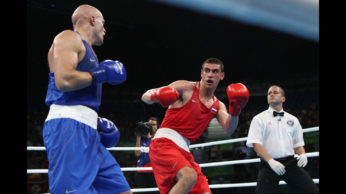 Tishchenko of Russia fights Levit of Kazakhstan for the gold medal in the mens heavyweight 91kg, Rio Olympics.