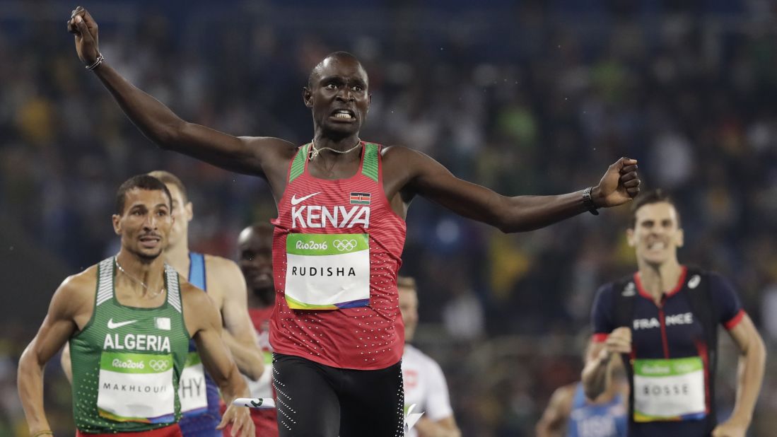Kenya's David Rudisha successfully defends his Olympic title in the 800 meters.