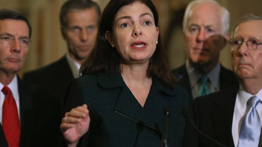 WASHINGTON, DC - NOVEMBER 10:  Sen. Kelly Ayotte (R-NH) talks to reporters after the weekly Republican policy luncheon with Senate GOP leaders at the U.S. Capitol November 10, 2015 in Washington, DC. The Senate passed the Defense Authorization Act by a vote of 91-3, sending the spending bill back to President Barack Obama with language that will make it hard for him to close the military prison at Guantanamo before he leaves office in 2017.  (Photo by Chip Somodevilla/Getty Images)