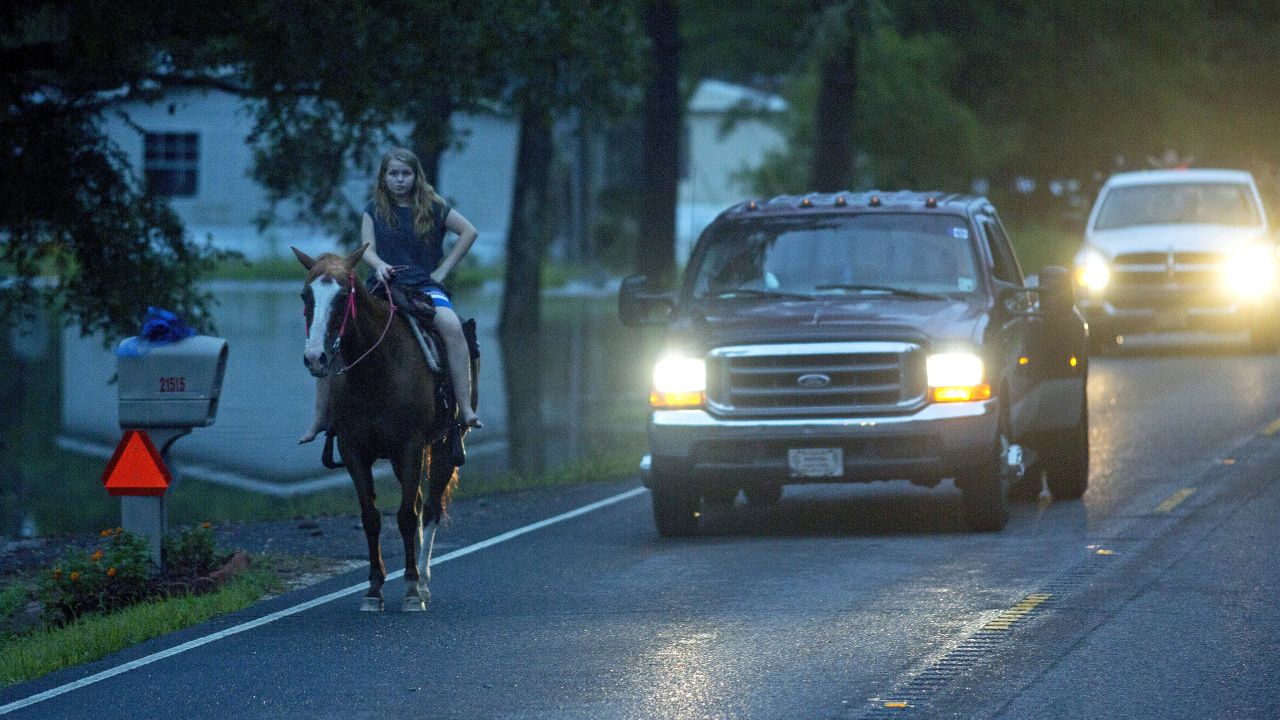 A girl takes her horse out on a dry road near Walker on August 14.