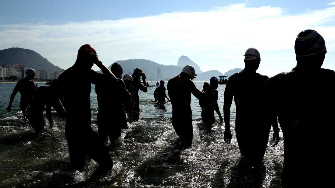 Swimmers prepare for the 10-kilometer open water event. Ferry Weertman of the Netherlands earned the gold.