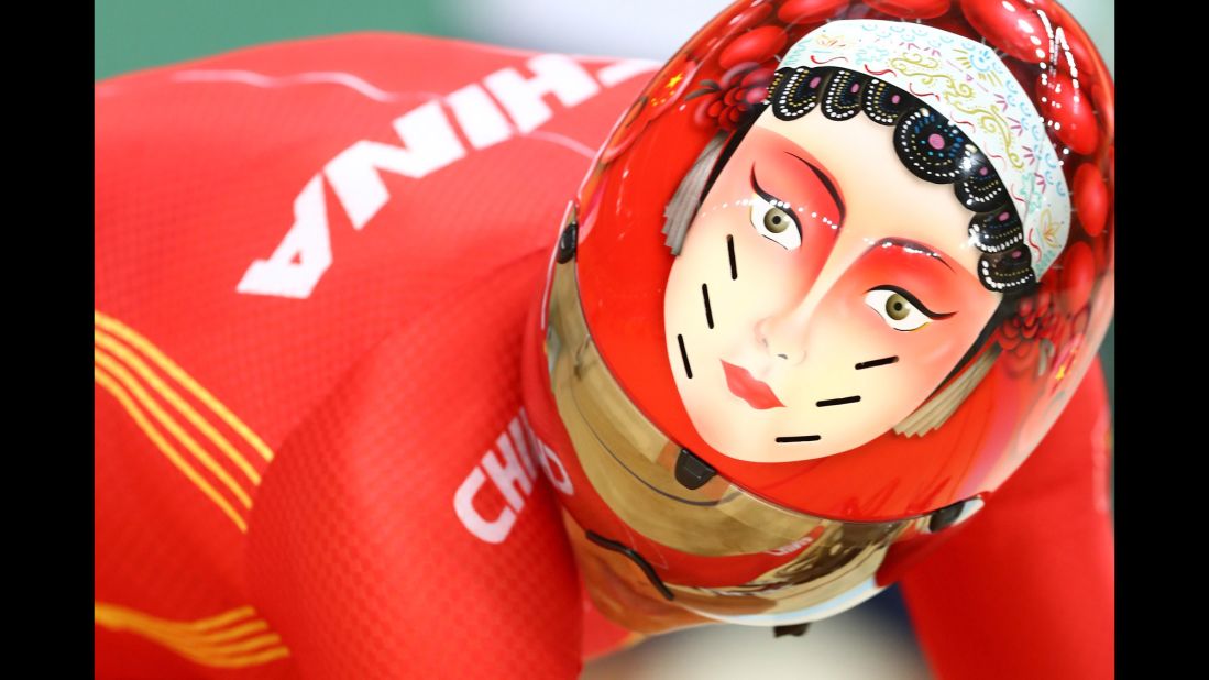 Chinese cyclist Tianshi Zhong competes in a sprint quarterfinal.