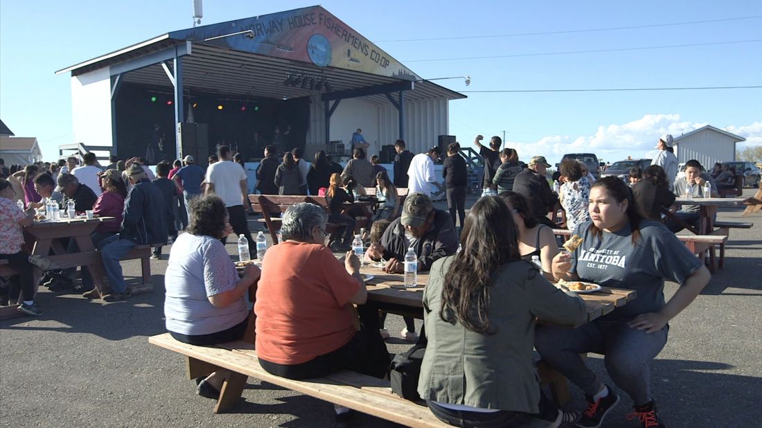 Hundreds gathered at a community fish fry at Norway House in May. Folster spoke to the gathering about what the leadership is doing to prevent sex trafficking in the community.