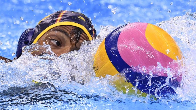 Spain's Francisco Fernandez competes in a water polo quarterfinal match against Serbia.