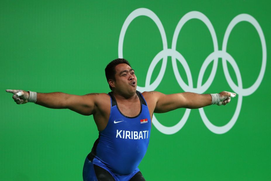 David Katoatau of Kiribati dances during the 105-kilogram (231-pound) weightlifting final on Monday, August 15. He finished sixth overall.