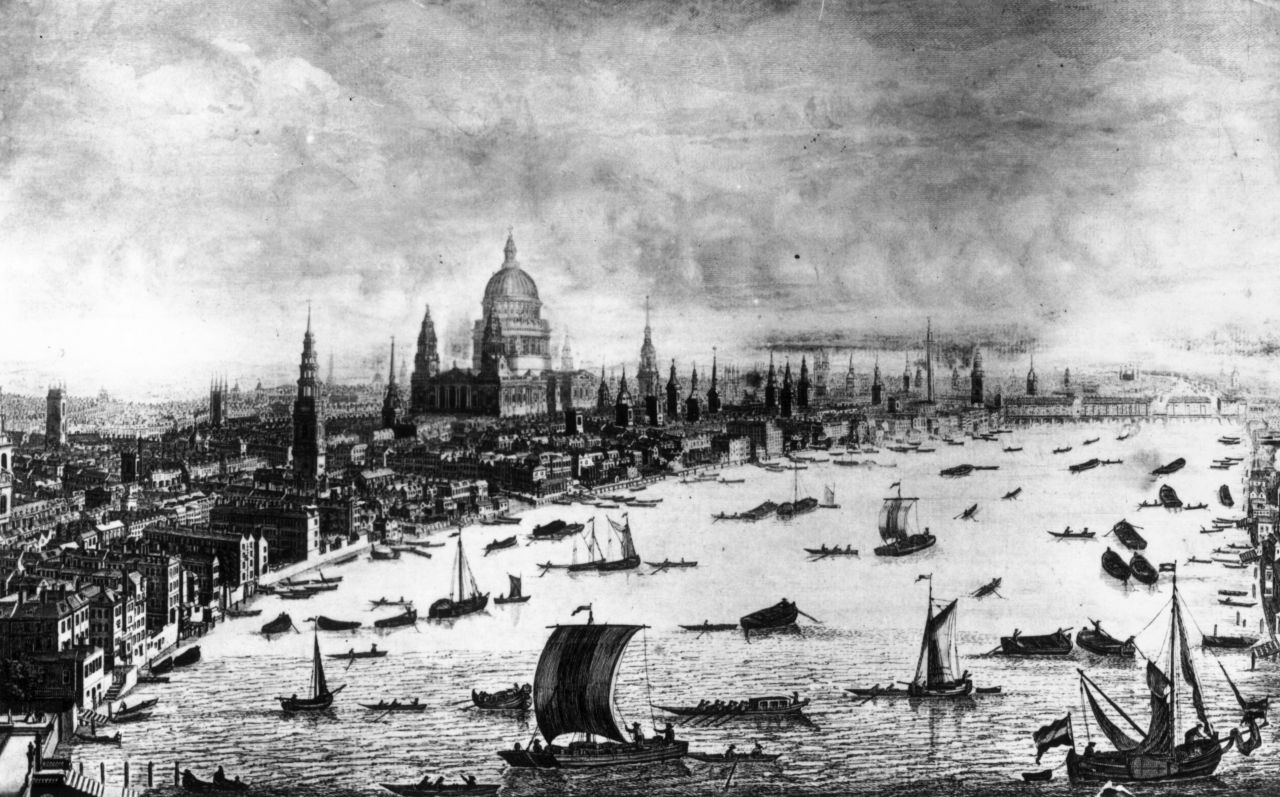 Prior to the 20th century, London's St Paul's Cathedral was the architectural focal point of the city. This image from 1616 depicts the South-west prospect of London from Somerset House to the Tower. St Paul's Cathedral is the tallest building for miles around.