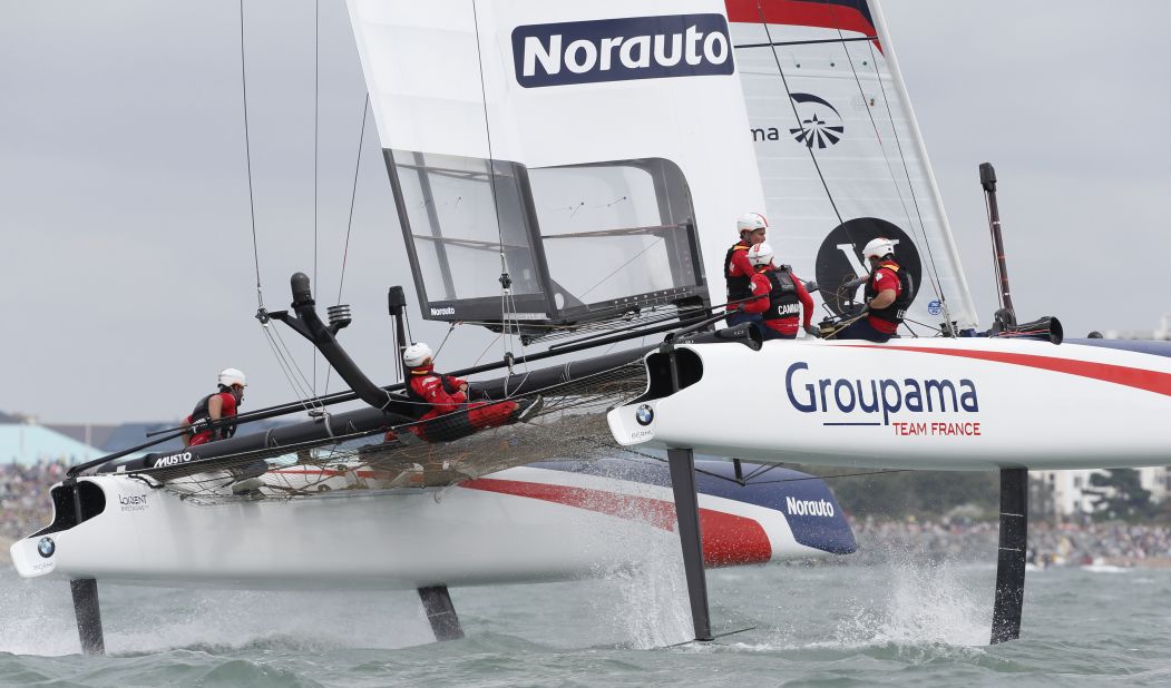 Groupama Team France's yacht takes flight as it races in Portsmouth in July. The 2015-16 World Series has allowed teams to gather racing data from the AC45 catamarans as they fine-tune the AC50 designs.