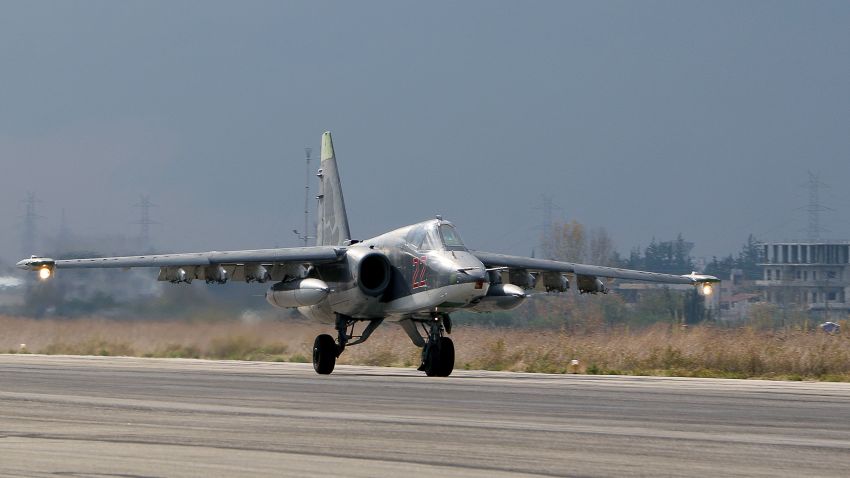 A Russian Su-25 bomber lands at a base in Latakia province, in northwest Syria on December 16, 2015.