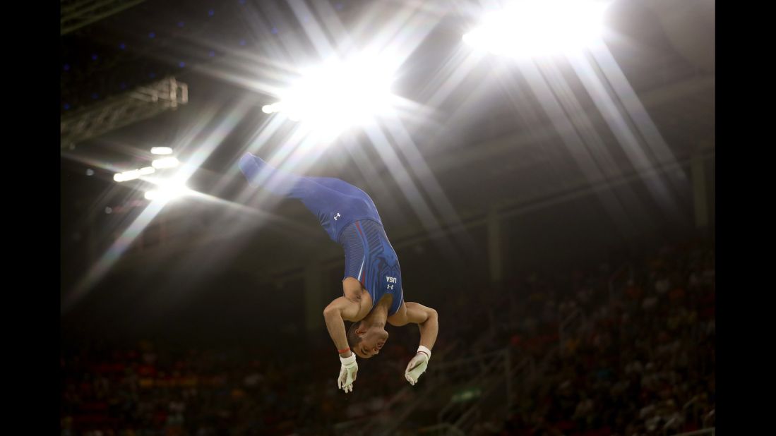 U.S. gymnast Danell Leyva competes on the horizontal bar, where he won silver. He also got silver on the parallel bars.