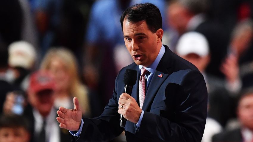 Wisconsin Gov. Scott Walker delivers a speech on the third day of the Republican National Convention on July 20, 2016 at the Quicken Loans Arena in Cleveland, Ohio.