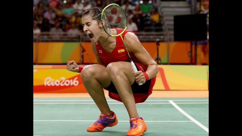 Spain's Carolina Marin celebrates a victory in the badminton quarterfinals.