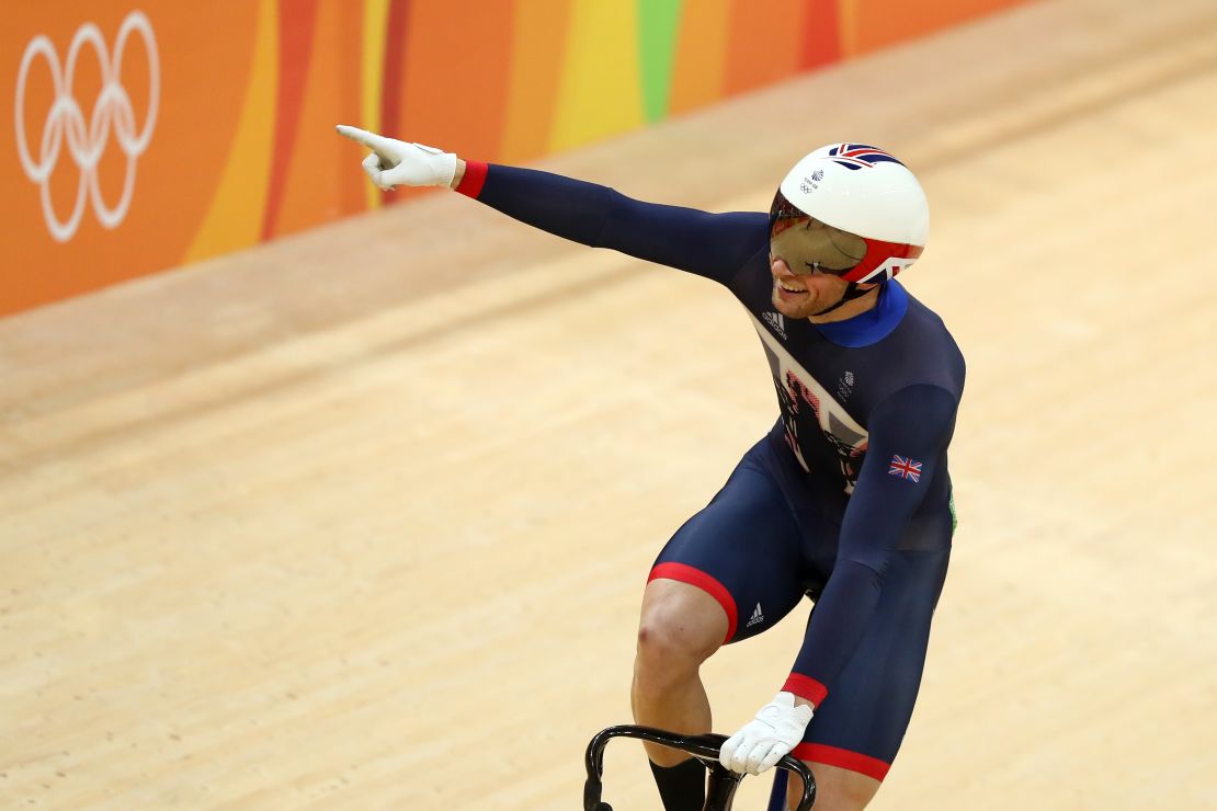 Kenny celebrates after winning the men's keirin final.