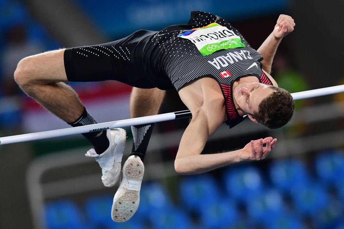 Canada's Derek Drouin on his way to a gold high jump medal in Rio.