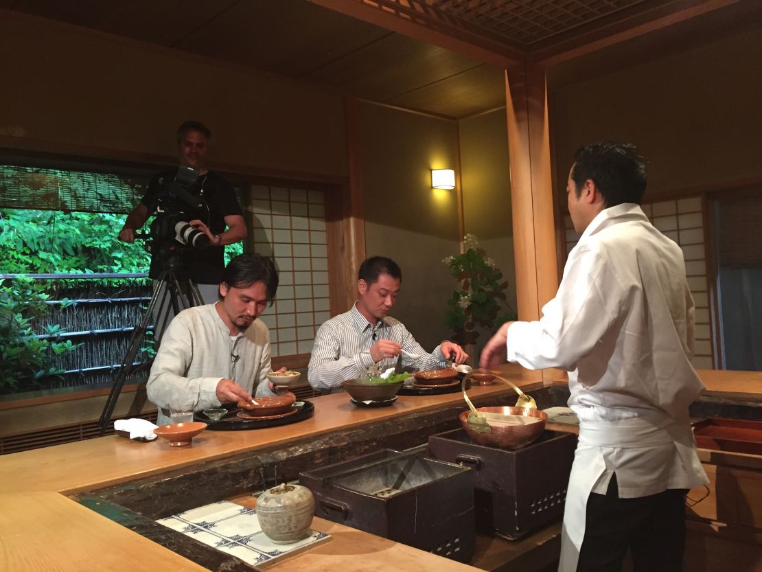Chef Shinobu Namae of Tokyo restaurant L'effervescence expereinces traditional kaiseki at Kyoto's Miyamasou ryokan during his Culinary Journeys shoot with CNN. 