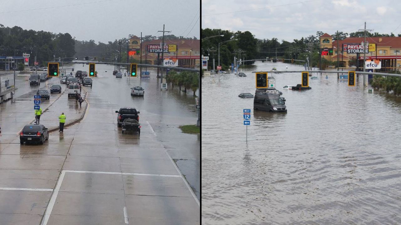 A road in Baton Rouge was relatively dry Saturday but was inundated by Sunday.