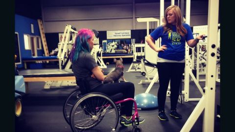 Jaquie Goncher has done physical therapy and intensive workouts to begin to walk again.