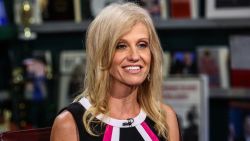 Kellyanne Conway, president and chief executive officer of Polling Co. Inc./Woman Trend, smiles during an interview on "With All Due Respect" in New York, U.S., on Tuesday, July 5, 2016. Asked how Trump reassures conservatives about his positions on issues such as abortion without losing ground with voters in the center, Republican pollster Conway, one of Trump's new senior strategists, said he would work to shift the spotlight to Clinton. Photographer: Chris Goodney/Bloomberg via Getty Images