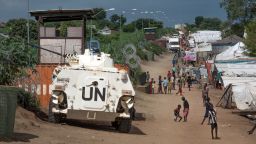 FILE---In this file photo taken Monday, July 25, 2016, A UN armoured personnel vehicle stand in a refugee camp in Juba South Sudan. South Sudan on Wednesday, Aug. 10, 2016, rejected a U.S. proposal for the U.N. Security Council to send 4,000 additional troops to the East African country to restore calm, saying it "seriously undermines" its sovereignty and threatens a return to colonialism.  