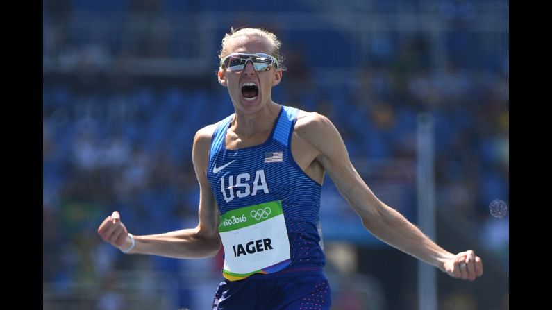 American Evan Jager celebrates after winning silver in the 3,000-meter steeplechase.