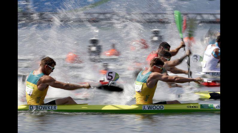 Australia's Daniel Bowker and Jordan Wood paddle during the K-2 200 meters.
