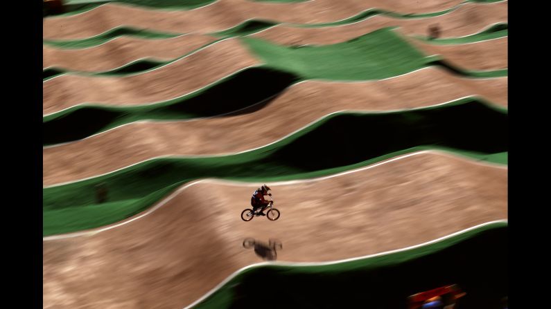 Jelle van Gorkom, a cyclist from the Netherlands, competes in a men's seeding run at the Olympic BMX Center.