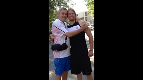 Sager hugs his son, Craig Sager II, before his bone marrow transplant. 